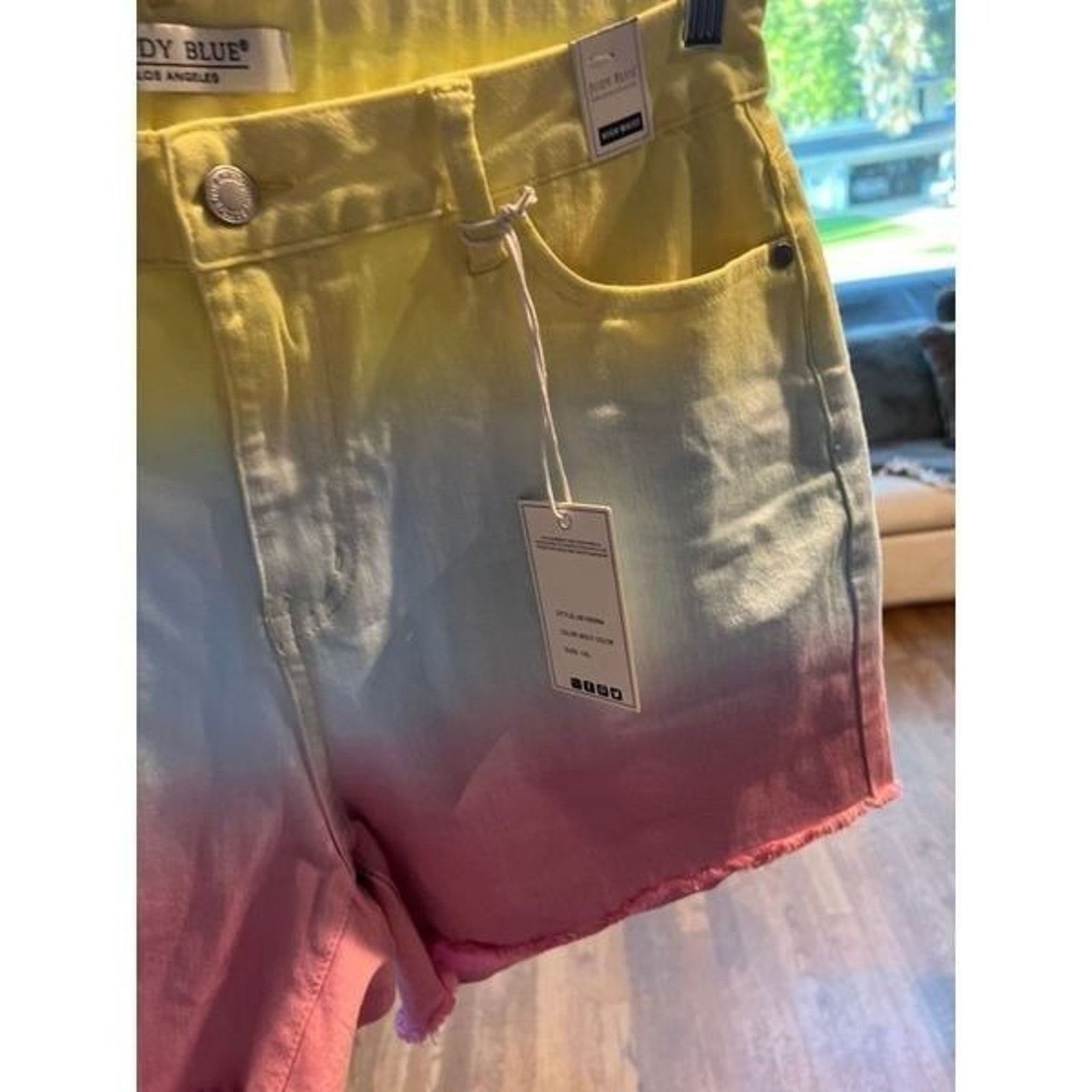 Judy Blue Large Cut Off Denim Shorts Dip Dye Ombre Yellow Blue Pink Frayed Nwt — image 3 of 4